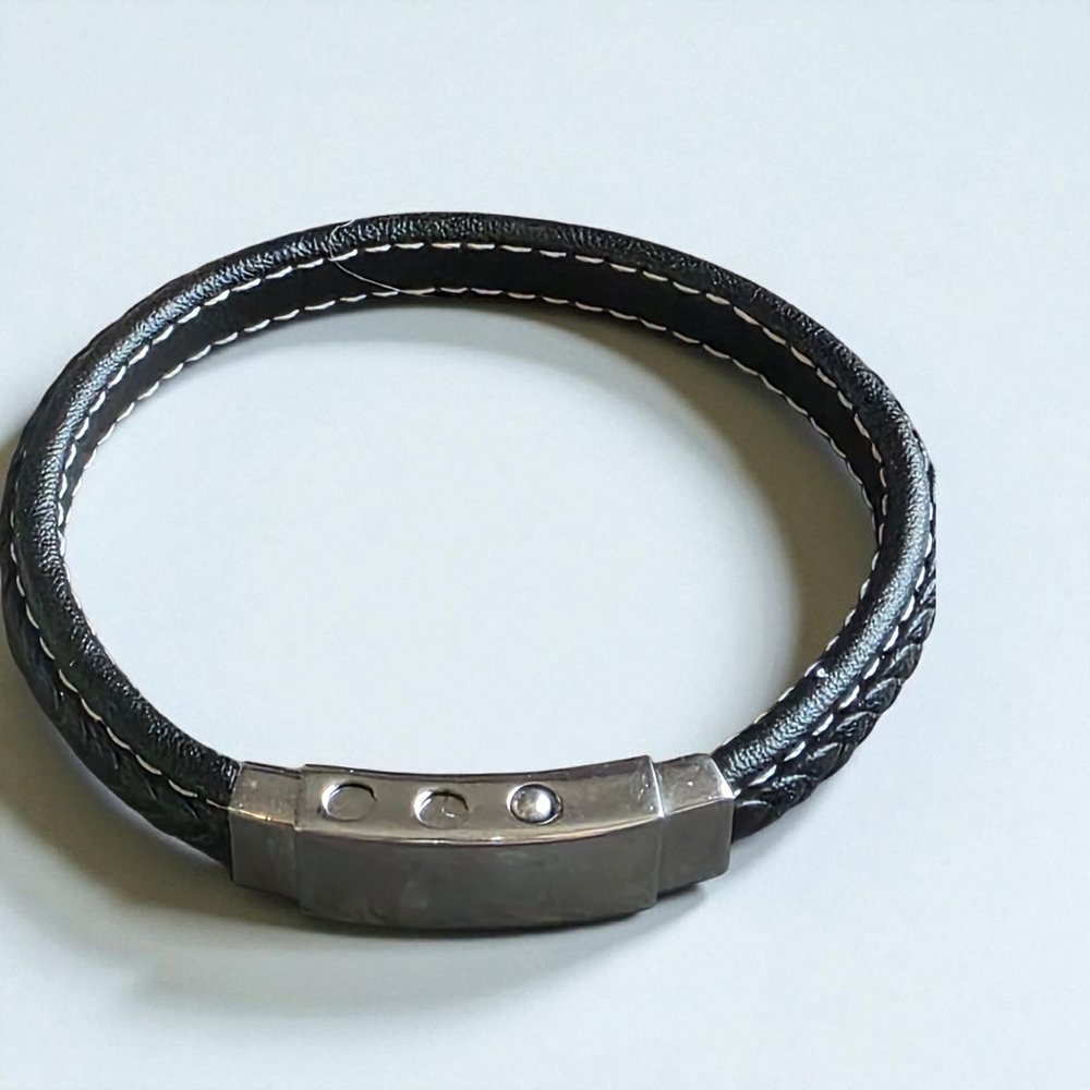 Black Leather Bracelet with Silver Clasp